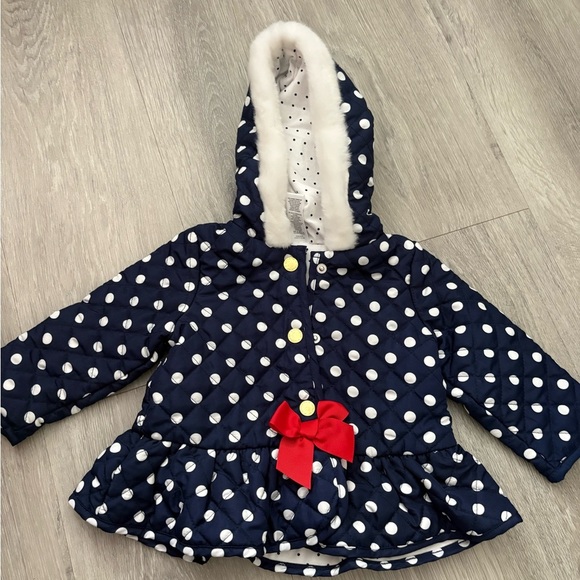 Little Me Other - Little Me Navy Polka Dot Puffer Jacket with Red Bow